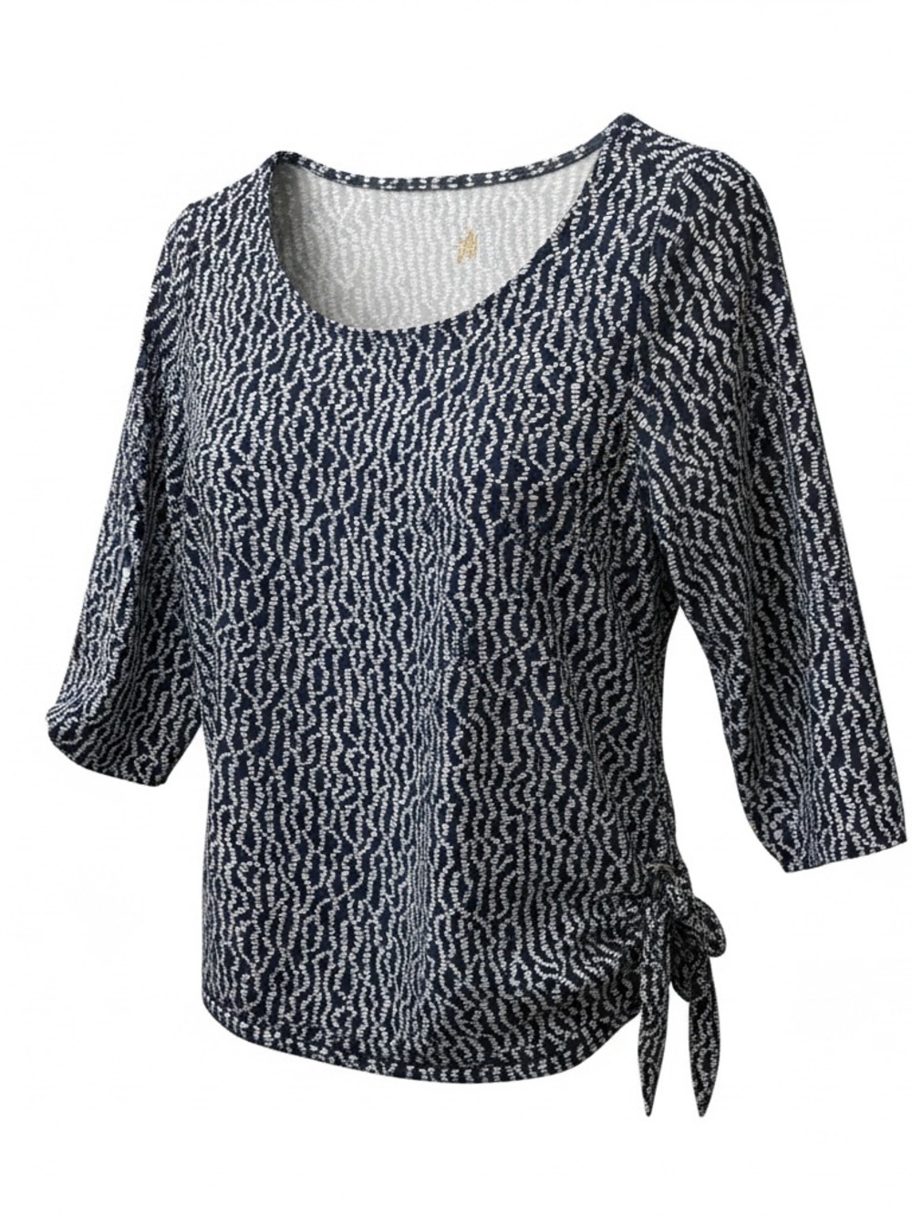 Belle by Kim Gravel Navy and White Abstract Dot Stripe 3/4 Sleeve Top